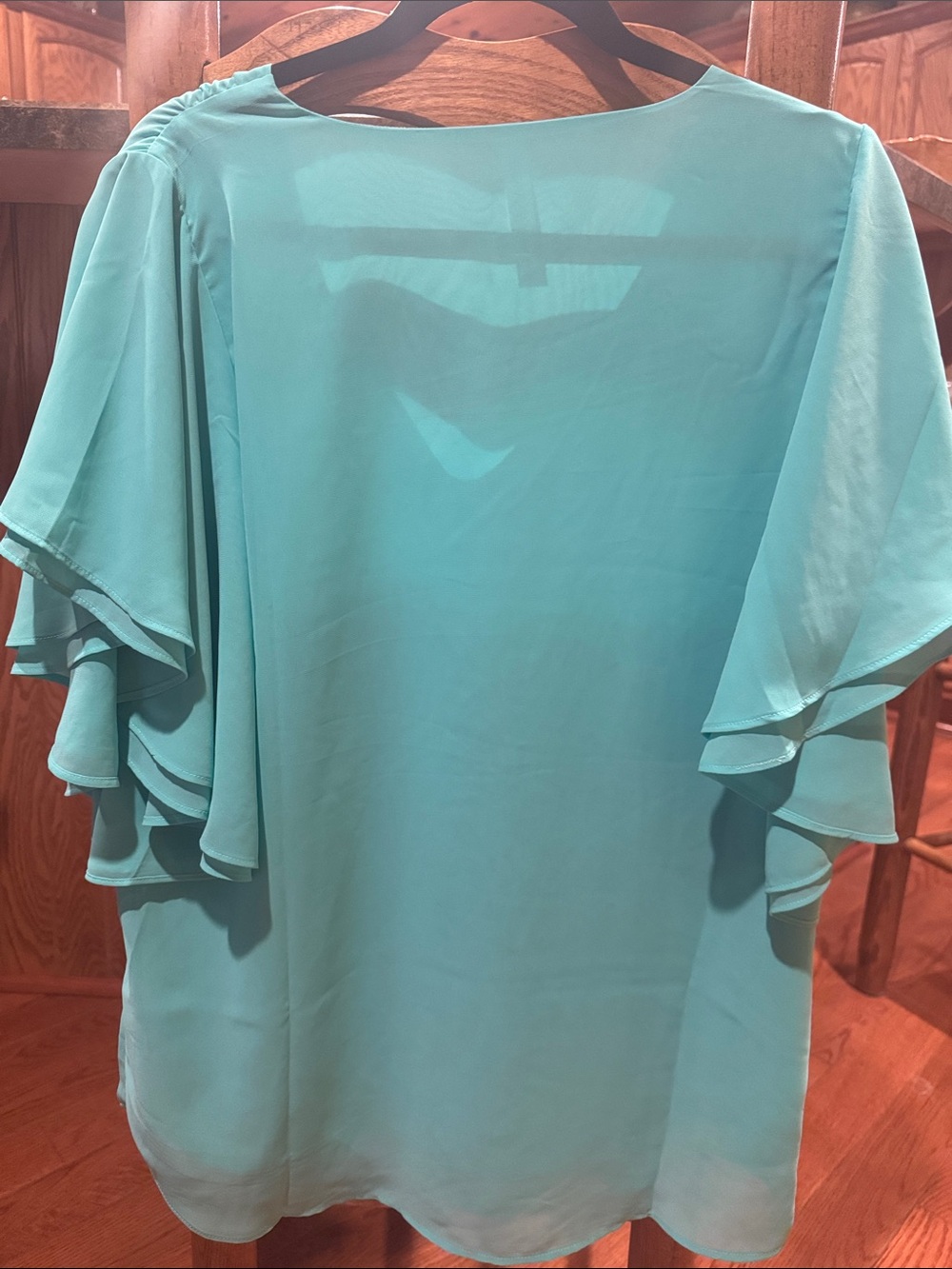 Zenana Outfitters Teal V-Neck Flutter Sleeve Blouse - Picture 3 of 3